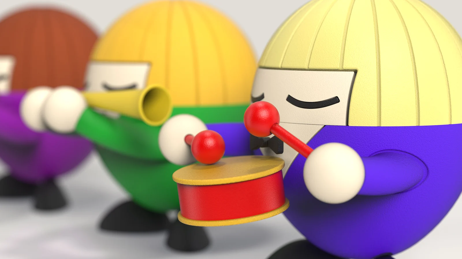 Rendered close-up of the miniature drummer, flute player and violinist