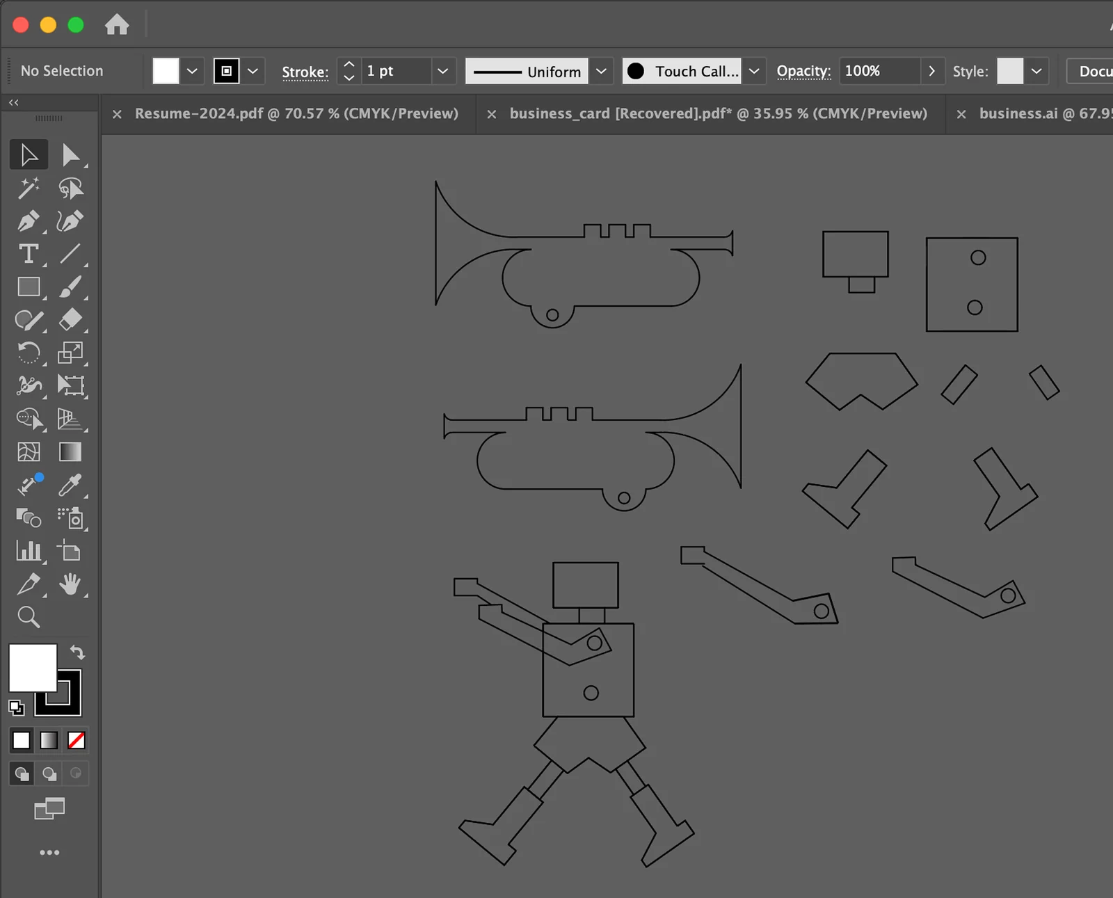 Illustrator drawings of the trumpet and figure components