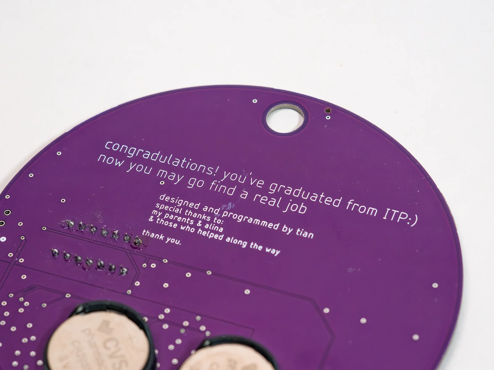 Graduation Pin — Silkscreen on the back of the board