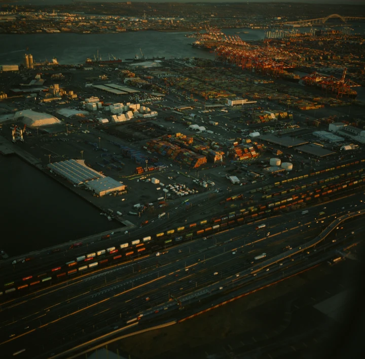 Railway tracks and buildings seen from above