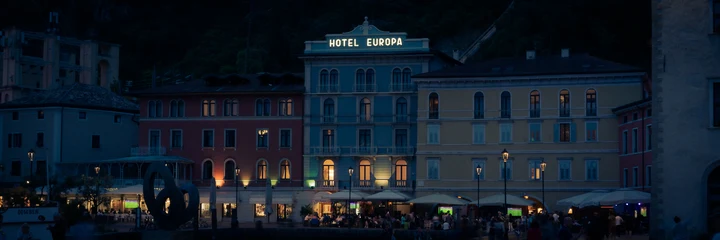 A waterfront town at dusk