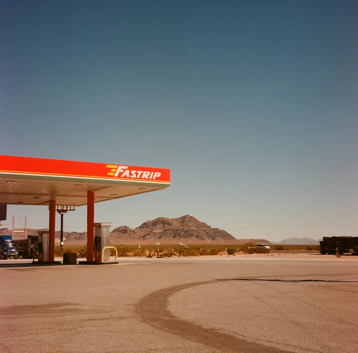 A roadside canopy in a desert landscape